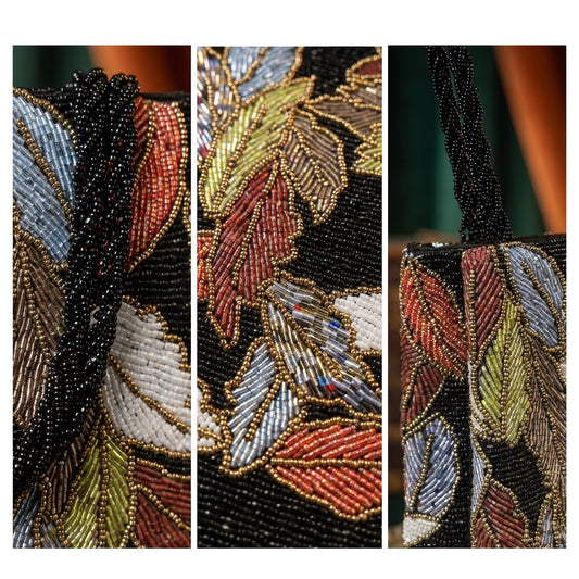 Close-up details of Amal Ayub hand-embroidered glass bead foliage patterns, twisted black beaded strap, and side profile finish