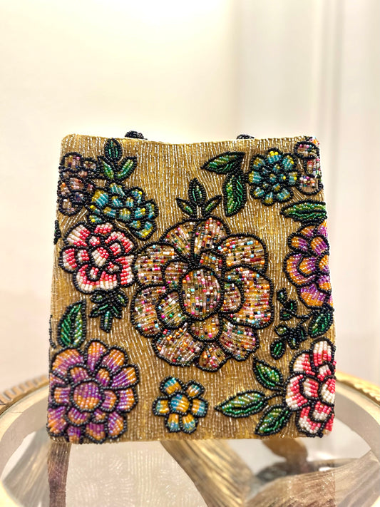 Handmade Gold Floral Beaded Clutch Pakistan | Luxury Wedding & Party Bag