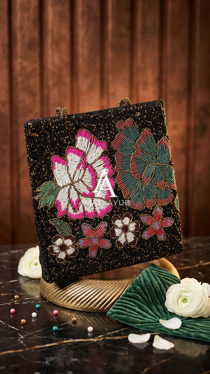 Black beaded Multi Floral Handbag | Perfect for Parties and Weddings