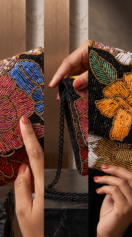 Black Noir Garden Floral Beaded Evening Clutch | Amal Ayub