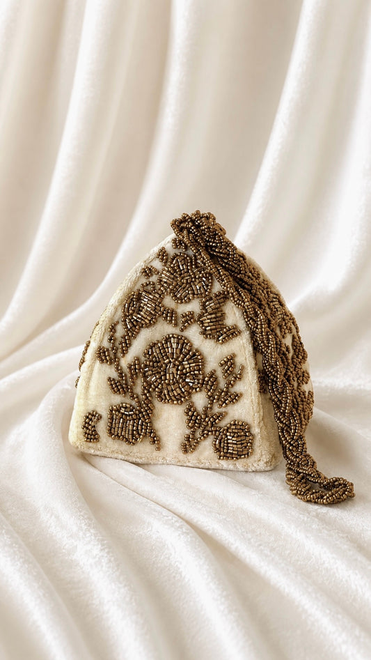 Dull Gold Pyramid style potli clutch Pakistan