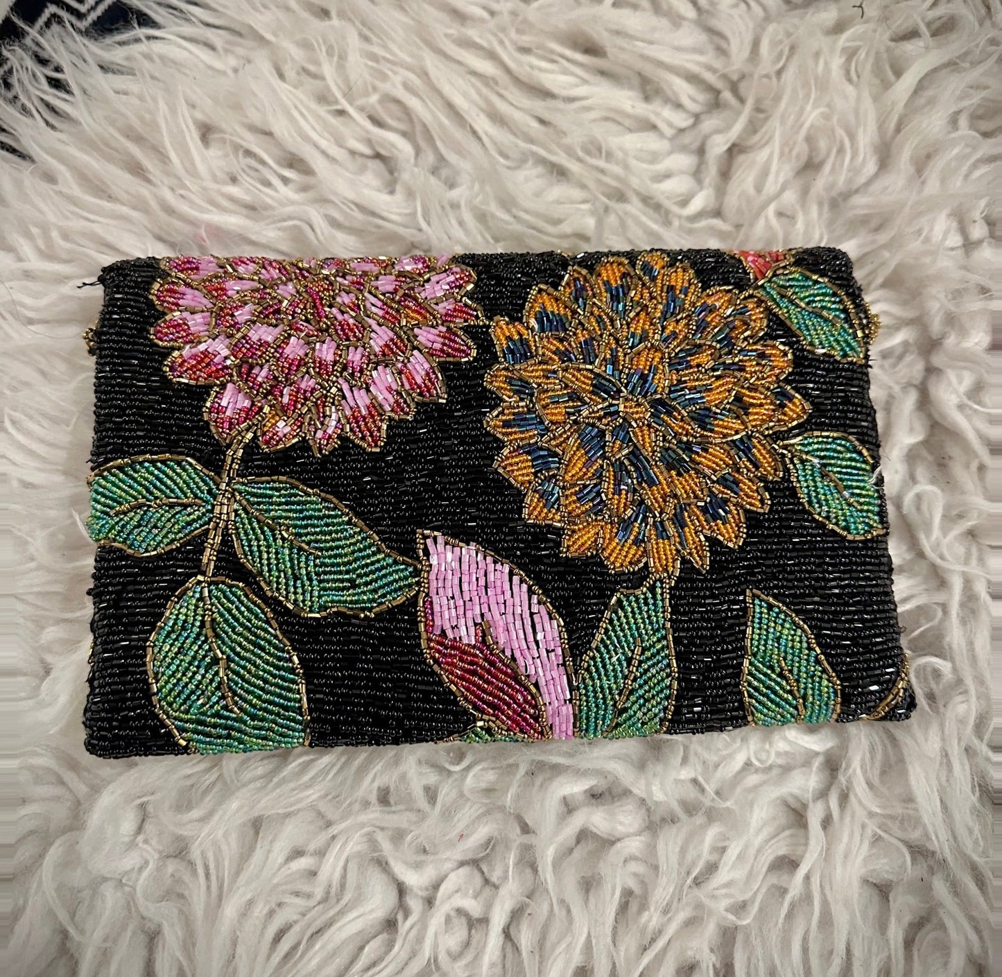 Black Floral Hand-Beaded Clutch- Handmade designer evening Purse