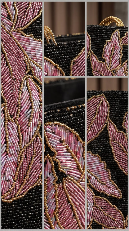 Close-up detail of Amal Ayub hand-embroidered glass seed bead leaf pattern, gold outline, and braided gold handle