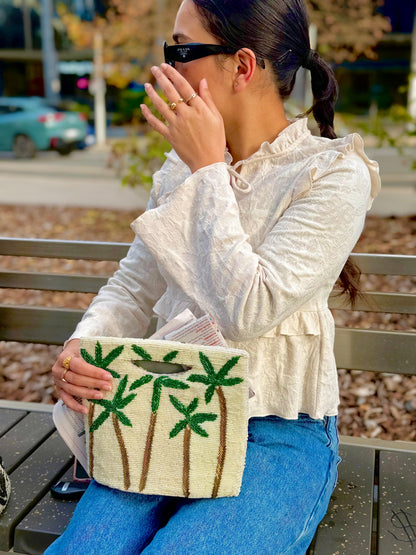 Beige tropical leaf embellished bag