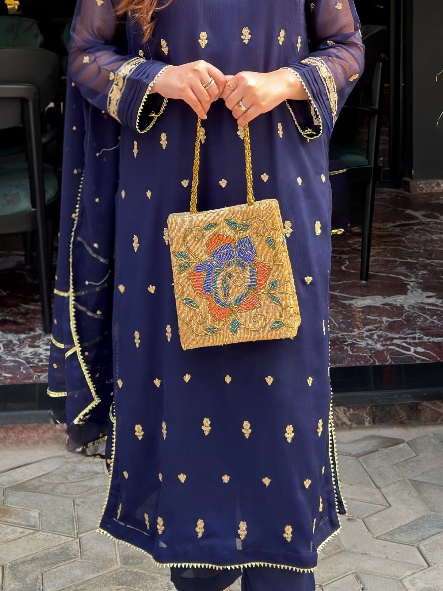 Gold beaded bridal purse pakistan