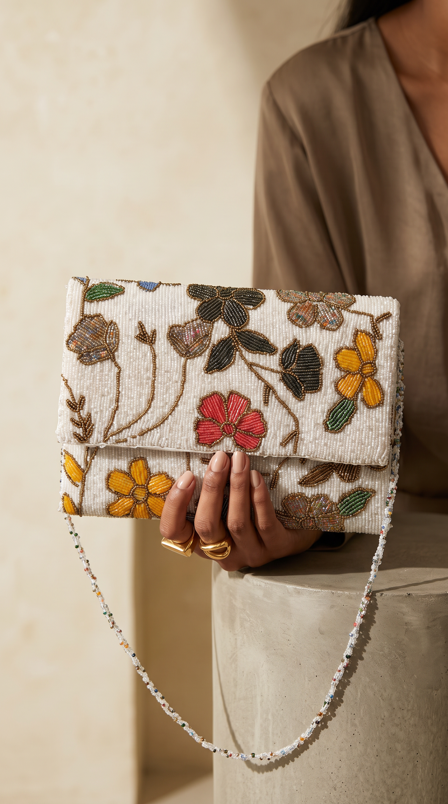 Amal Ayub handmade ivory beaded clutch bag featuring colorful embroidered floral motifs and a beaded shoulder strap.
