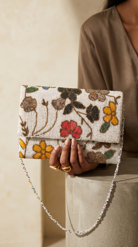 Amal Ayub handmade ivory beaded clutch bag featuring colorful embroidered floral motifs and a beaded shoulder strap.