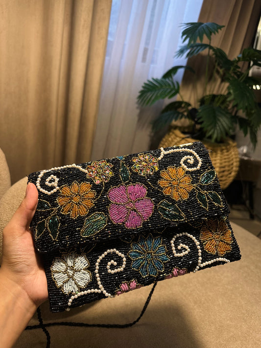 Black Floral Hand-Beaded Pearl Clutch for Weddings & Evening Events