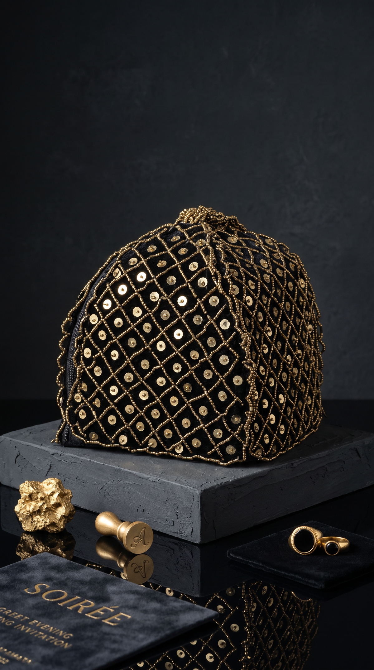 Beaded Black & Gold Geometric Beaded Potli – Handmade Luxury Edition