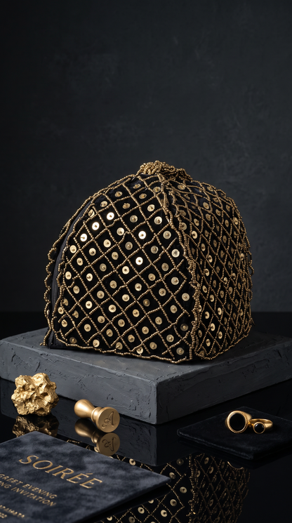 Beaded Black & Gold Geometric Beaded Potli – Handmade Luxury Edition
