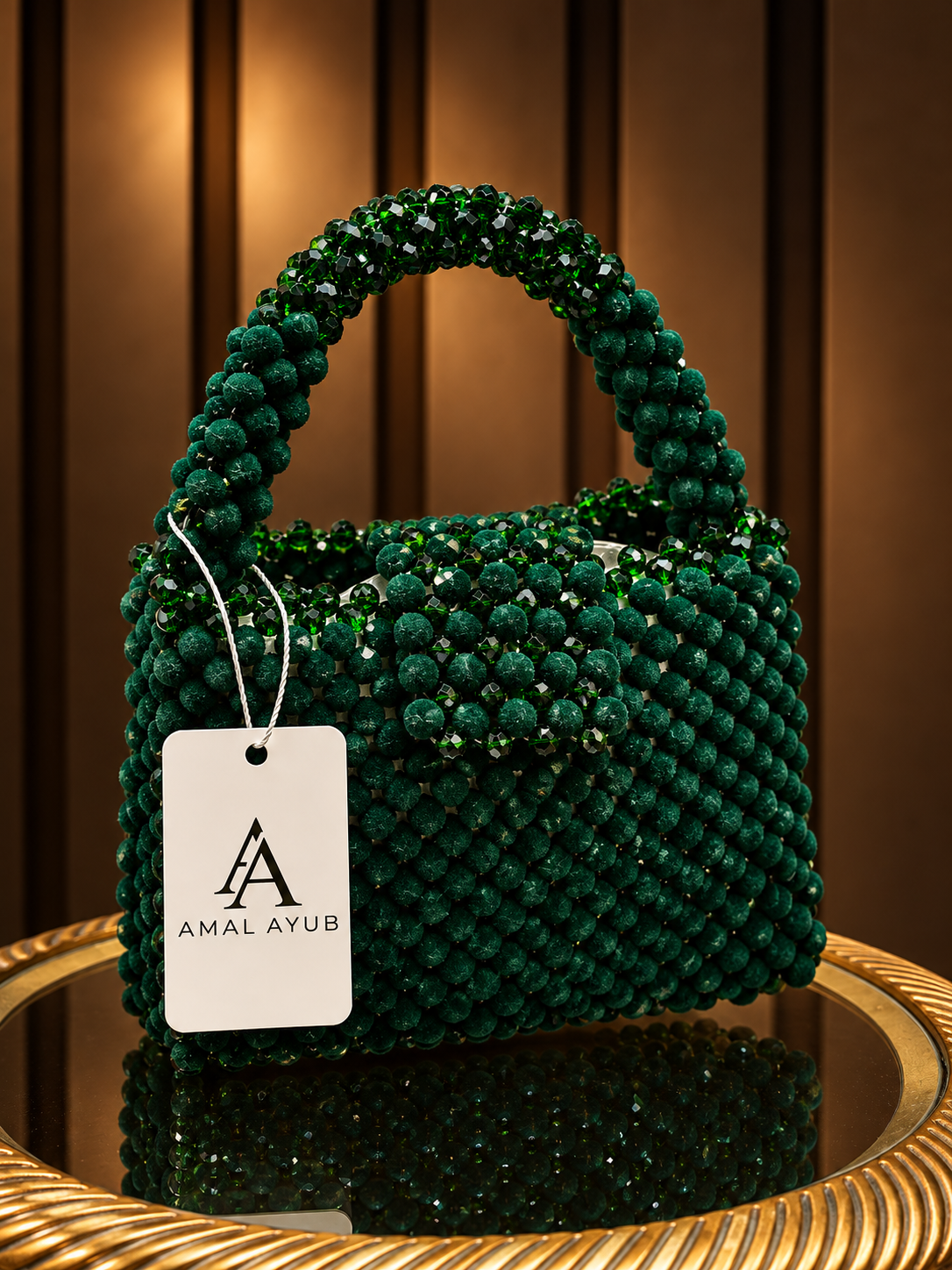 Handcrafted emerald green crystal beaded handbag with top handle by Amal Ayub