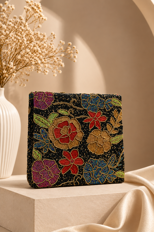 Black Beaded Multi Floral Bag | Amal Ayub