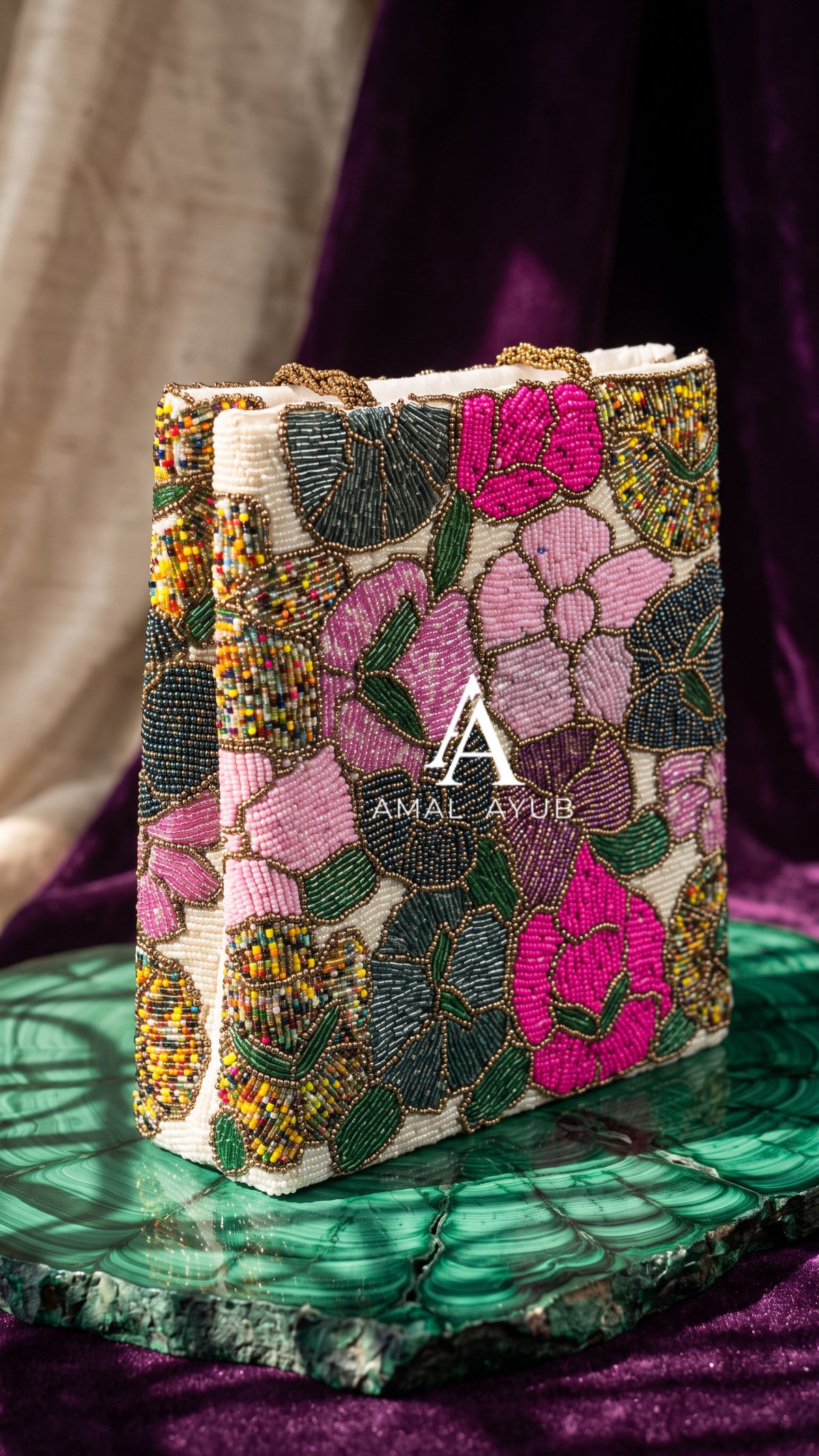 Ivory Beaded Evening Bag with Pink Floral Work | Amal Ayub