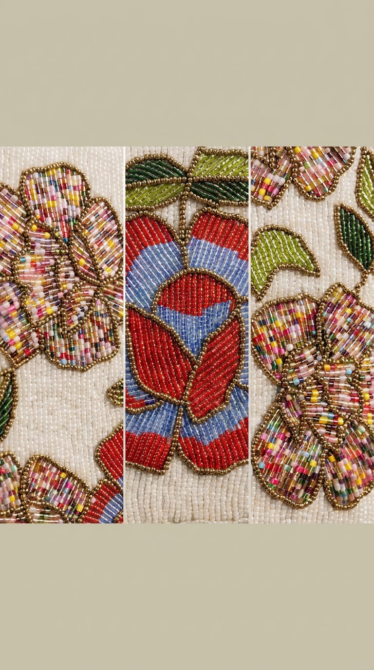 Close-up details of Amal Ayub hand-embroidered glass seed bead rose motif, gold thread outlines, and confetti floral patterns