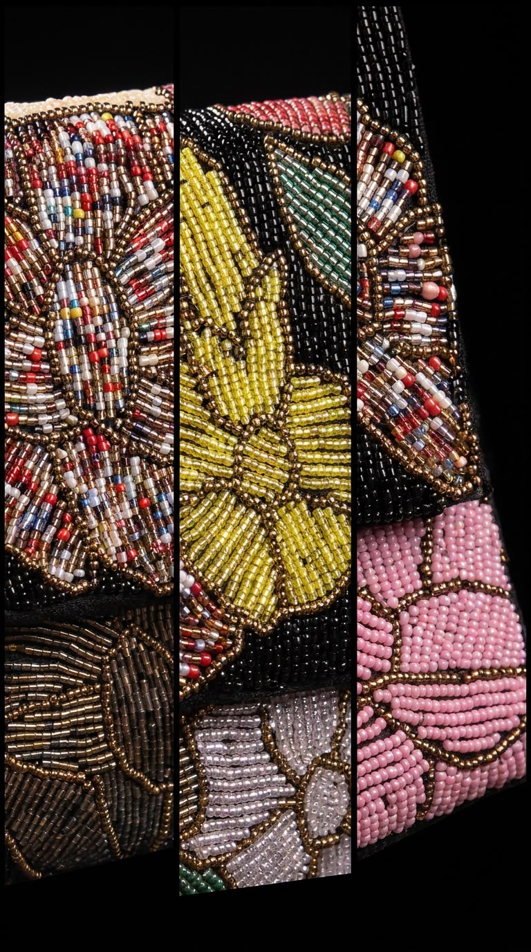 Close-up detail of Amal Ayub hand-embroidered seed bead confetti flower, mustard bloom, and pink petals with gold outlining