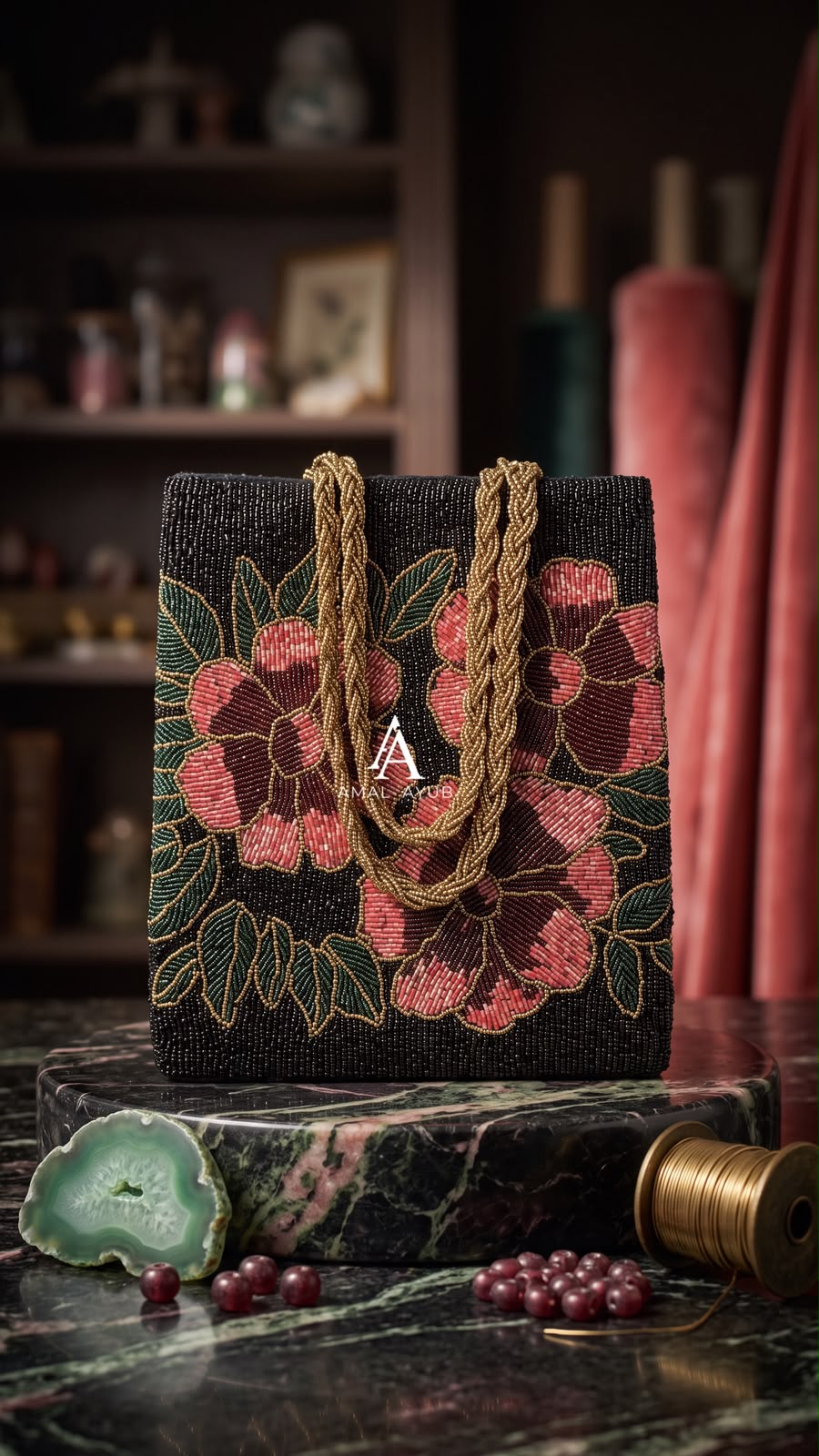 Amal Ayub luxury structured tote bag featuring handcrafted crimson and pink beaded flowers on black seed bead background with gold braided handles
