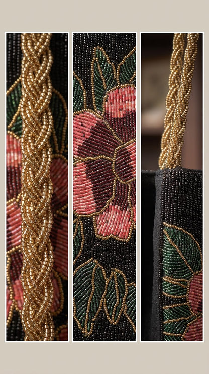 Close-up details of Amal Ayub gold twisted braided handle, hand-sewn glass bead floral petalling, and crisp edge stitching