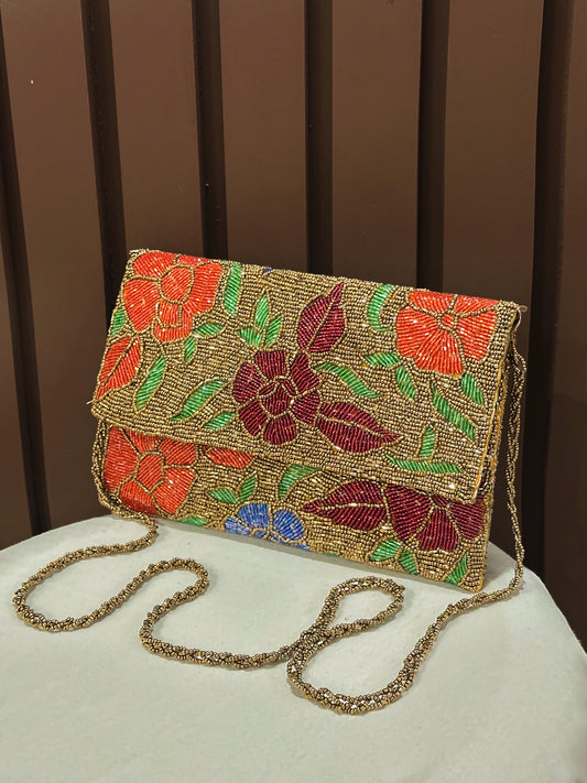 Gold Royal Floral Artisanal Beaded Clutch Purse | Amal Ayub