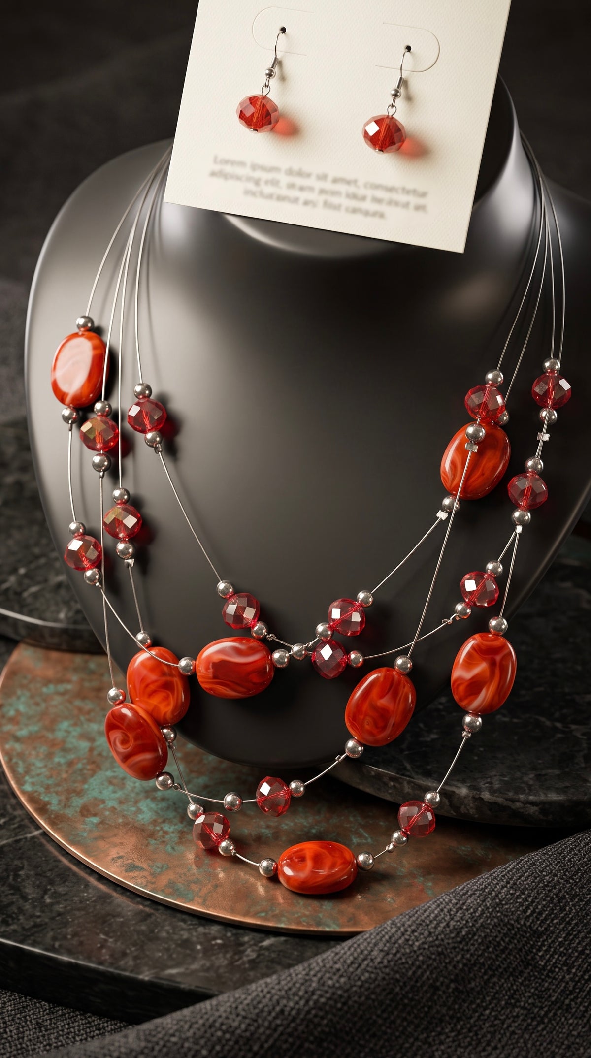  Crimson Red Layered Statement Necklace and Earring Set – 4 Strand Beaded Jewelry with Silver Accents