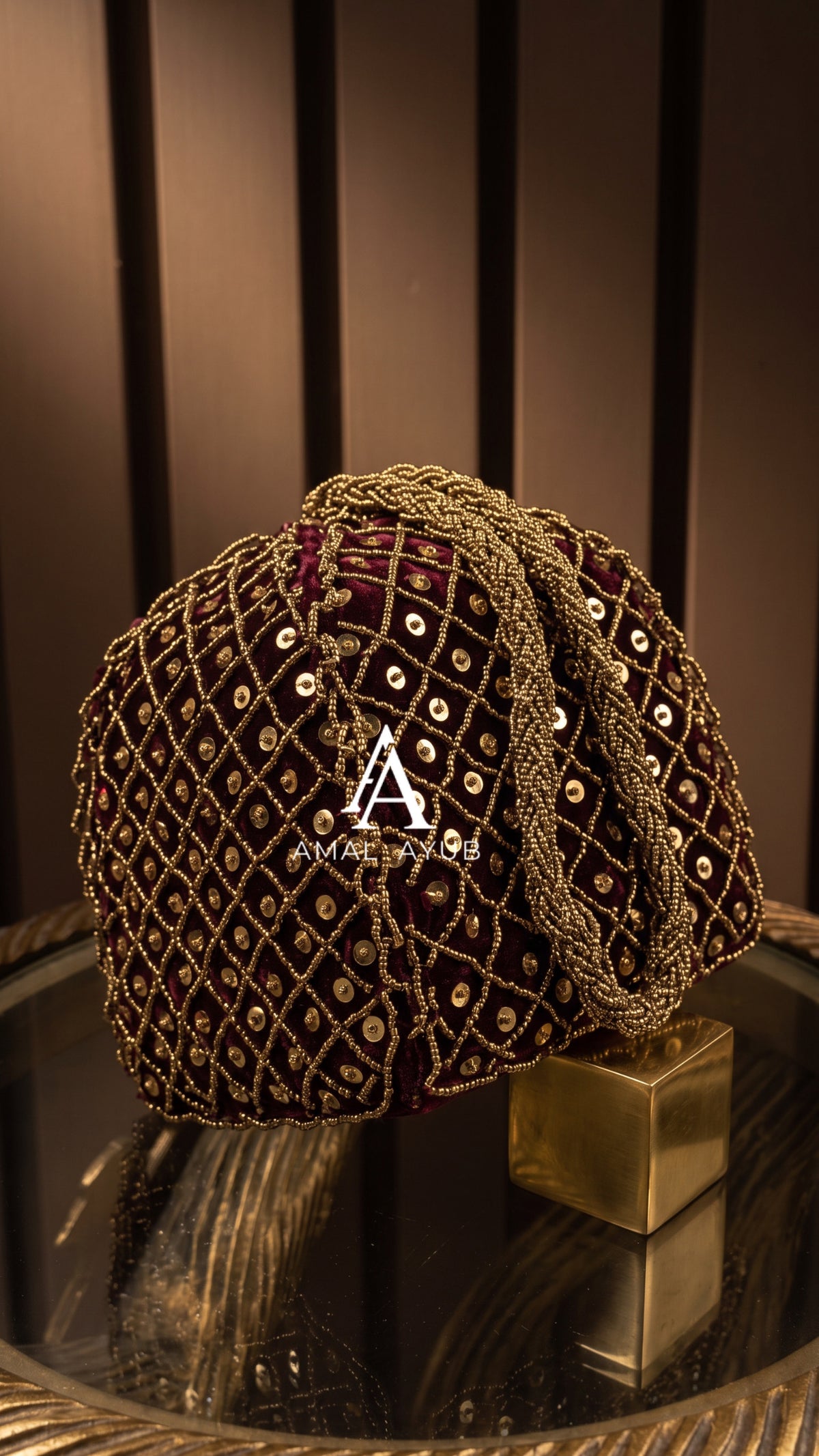 Maroon and Gold Sequin Handmade Potli | Weddings and Potli’s