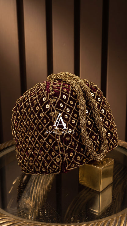 Maroon and Gold Sequin Handmade Potli | Weddings and Potli’s