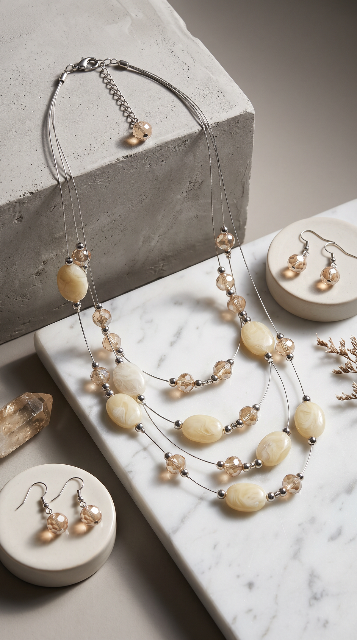 Cream & Champagne Layered Statement Necklace and Earring Set – 4 Strand Beaded Jewelry with Silver Accents