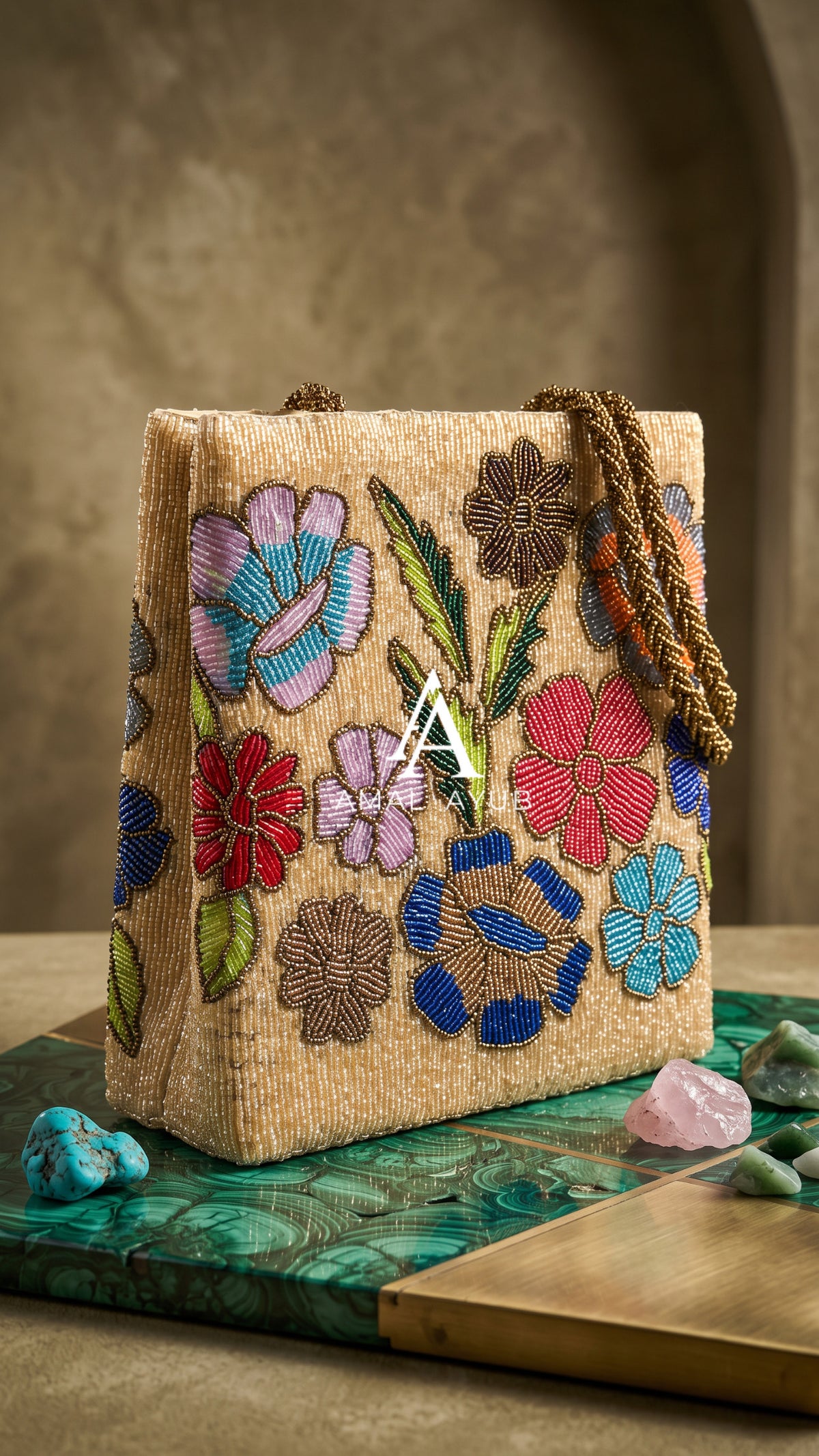 Beige Beaded Evening Bag for Weddings & Parties | Amal Ayub