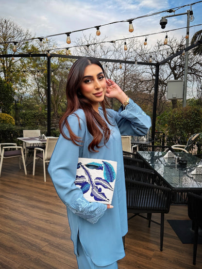 Blue white breeze embellished bag