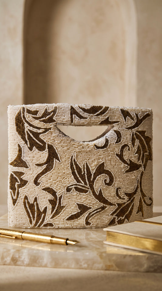 Handmade Off white Antique Gold Beaded Clutch Bag | Luxury Wedding & Evening Purse