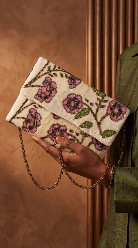 Blush Garden Beaded Velvet Clutch