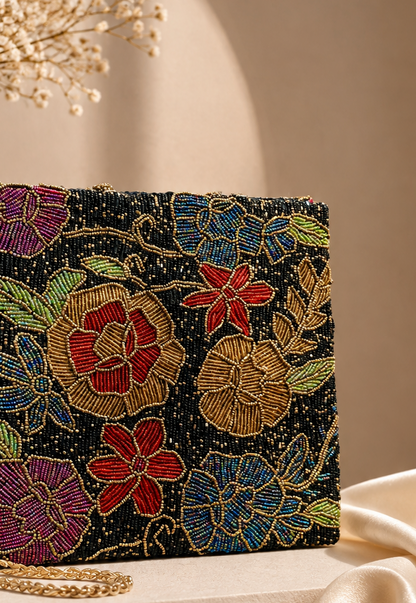 Black Beaded Multi Floral Bag | Amal Ayub