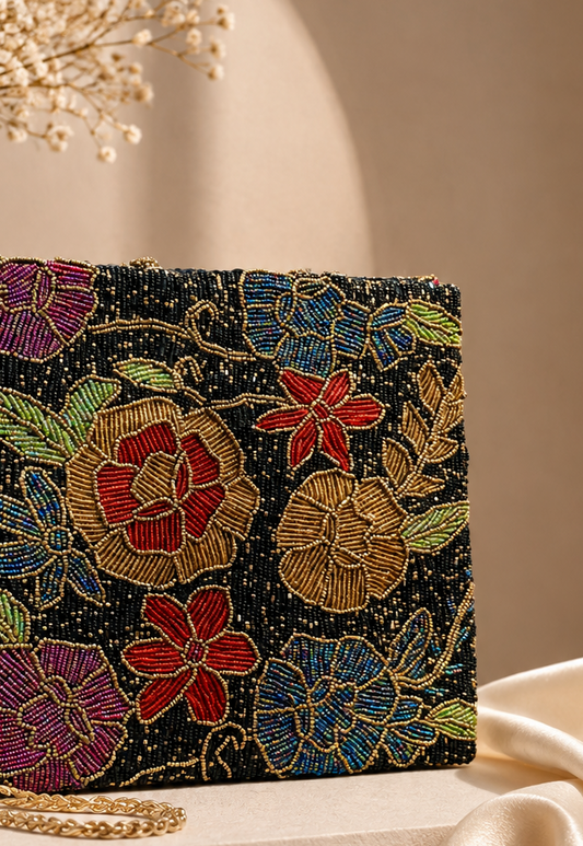 Black Beaded Multi Floral Bag | Amal Ayub