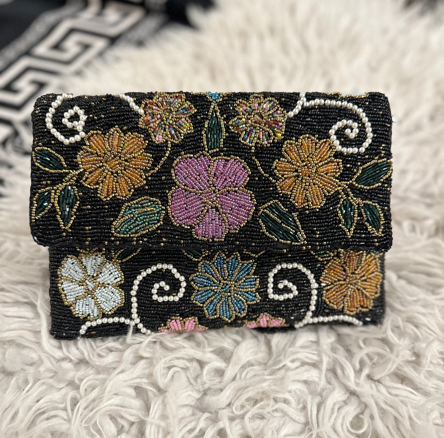Black Floral Hand-Beaded Pearl Clutch for Weddings & Evening Events