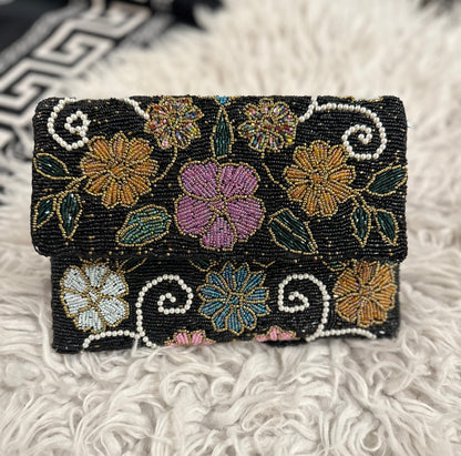 Black Floral Hand-Beaded Pearl Clutch for Weddings & Evening Events