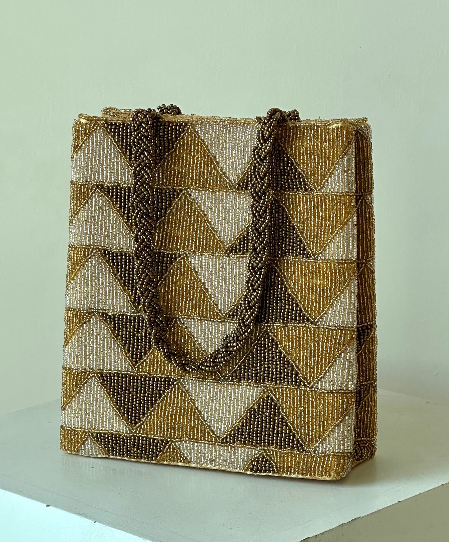 Gold copper geometric beaded clutch