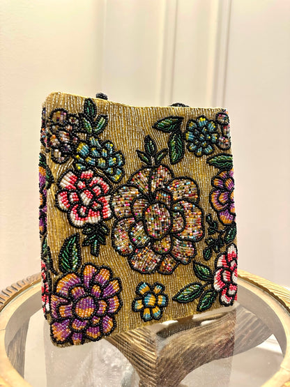 Handmade Gold Floral Beaded Clutch Pakistan | Luxury Wedding & Party Bag