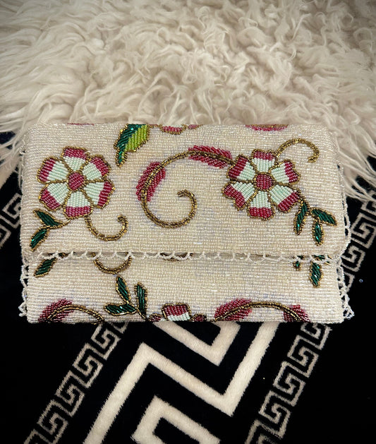 White Hand beaded clutch with Floral and leaf detailings