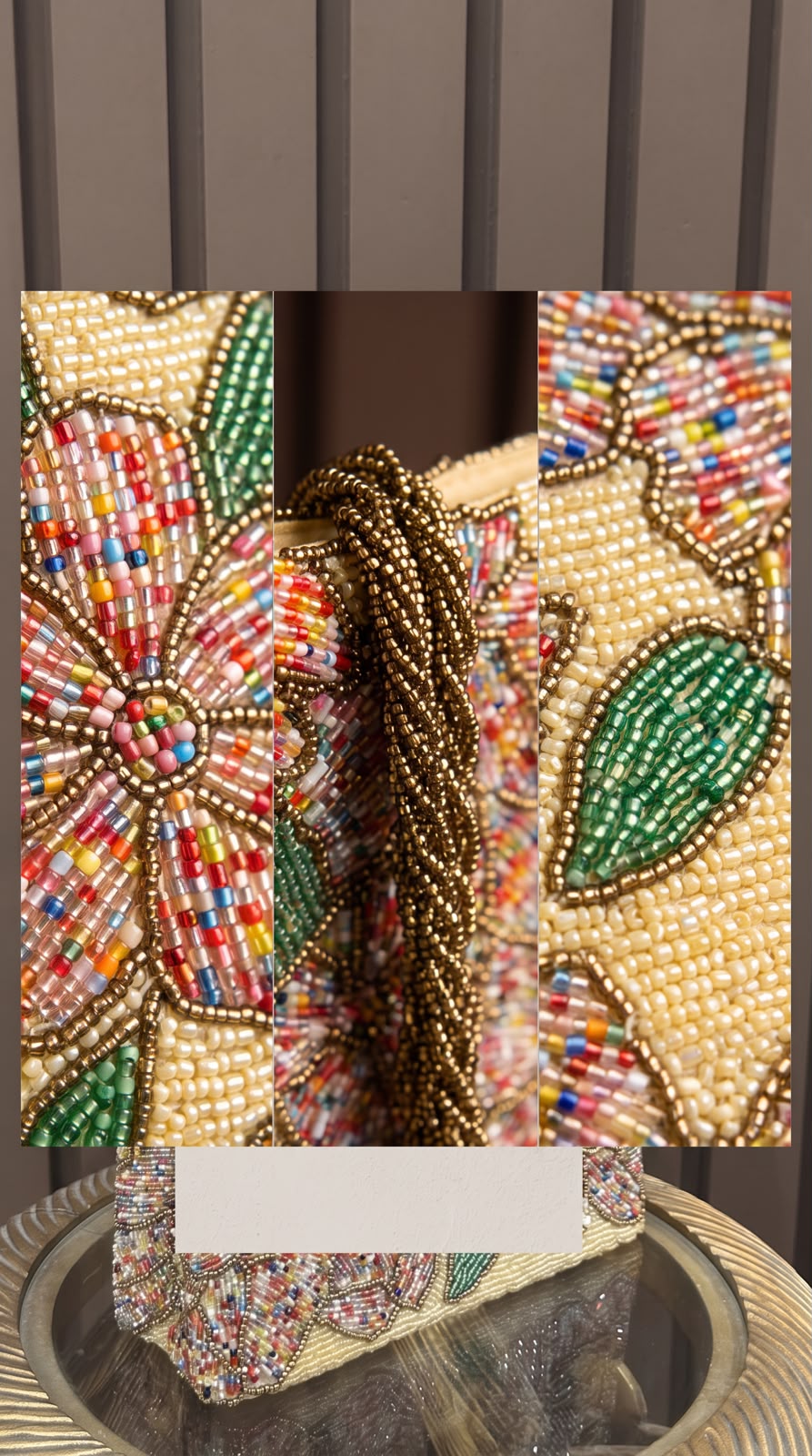 Close-up details of Amal Ayub hand-embroidered glass bead flowers, green leaf outlines, and gold braided strap