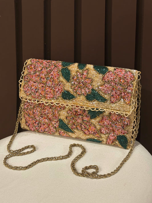 Peach floral mini shoulder bag for girls with chain strap by Amal Ayub