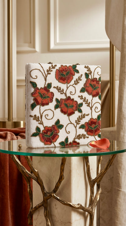 Crimson Bloom Beaded Clutch