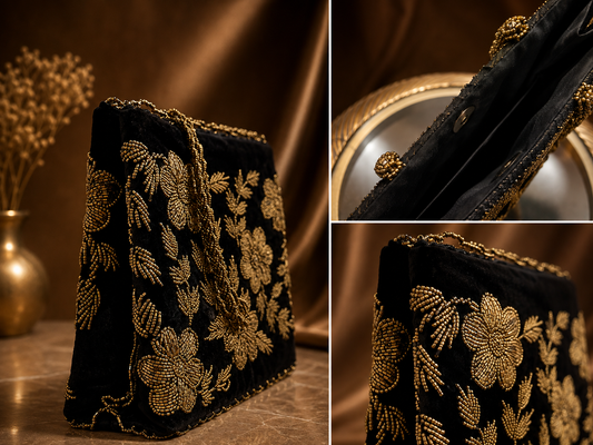 Black & Golden – Velvet Beaded Handmade bag