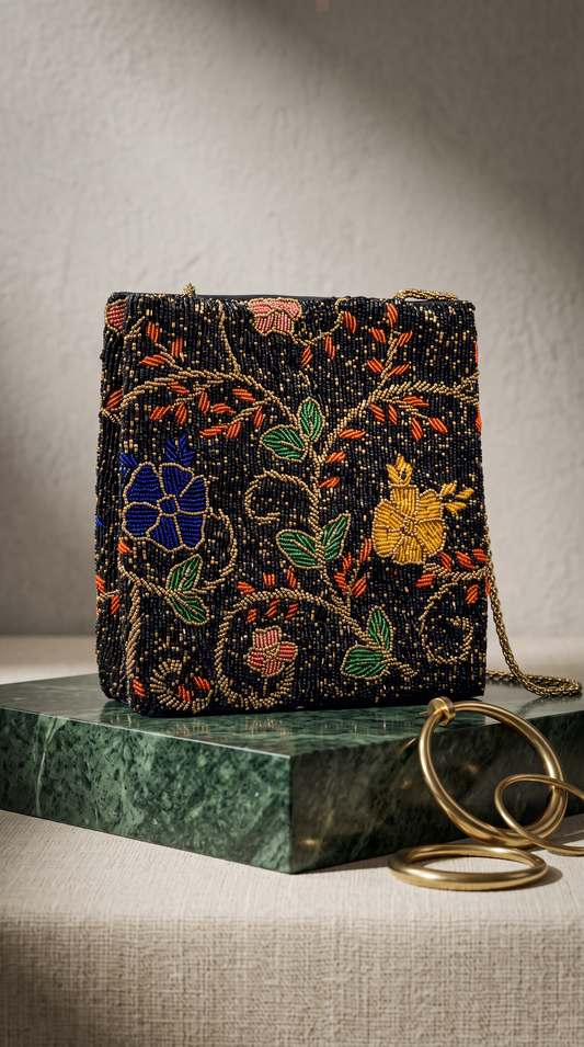 Black Beaded Vine Shoulder Bags | Amal Ayub