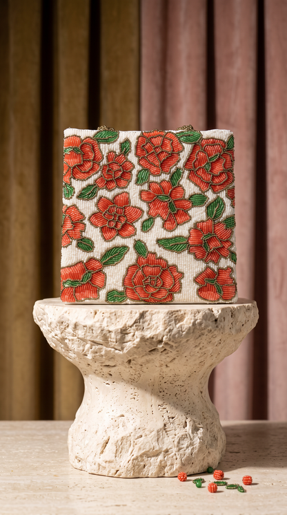 Ruby Bloom – Handmade Floral Beaded Bag- Off white