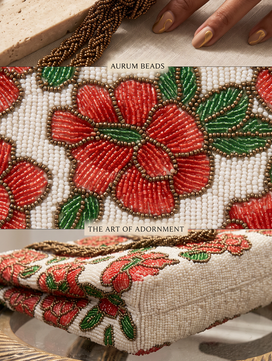 Ruby Bloom – Handmade Floral Beaded Bag- Off white