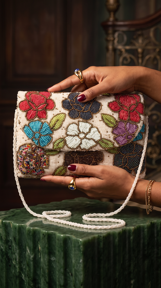 Hand-Beaded Multi-Floral Clutch & Shoulder Bag for Girls | Amal Ayub