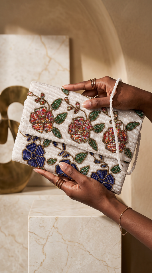 Handmade White Floral clutch | Evening bag for girls | Festive purse | Wedding | Party