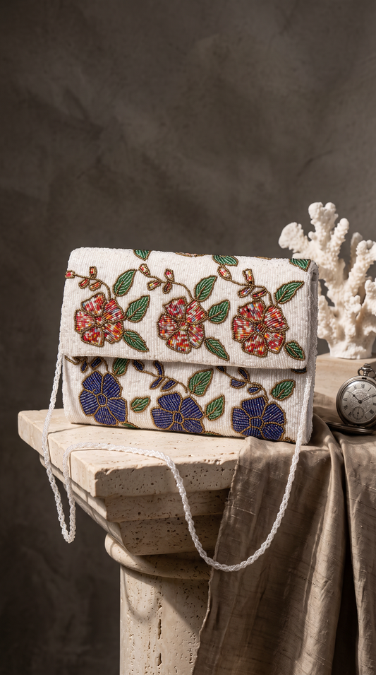 Handmade White Floral clutch | Evening bag for girls | Festive purse | Wedding | Party