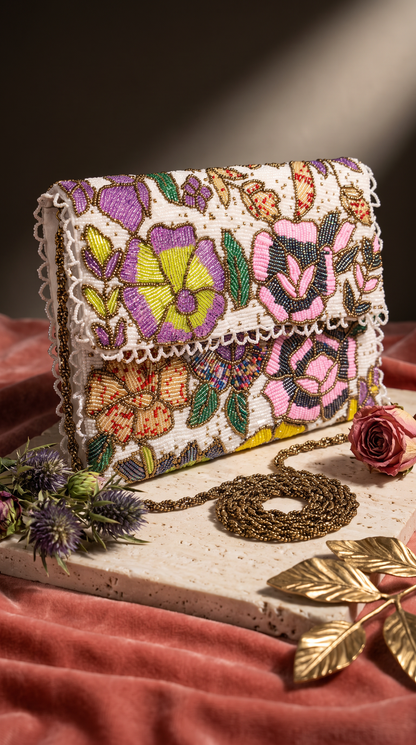 White Floral Clutch & Shoulder Bag for Girls | Amal Ayub