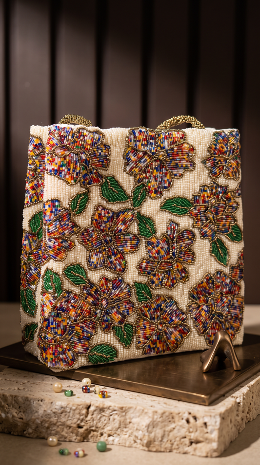 Off White Mosaic Beaded Shoulder Bags | Amal Ayub