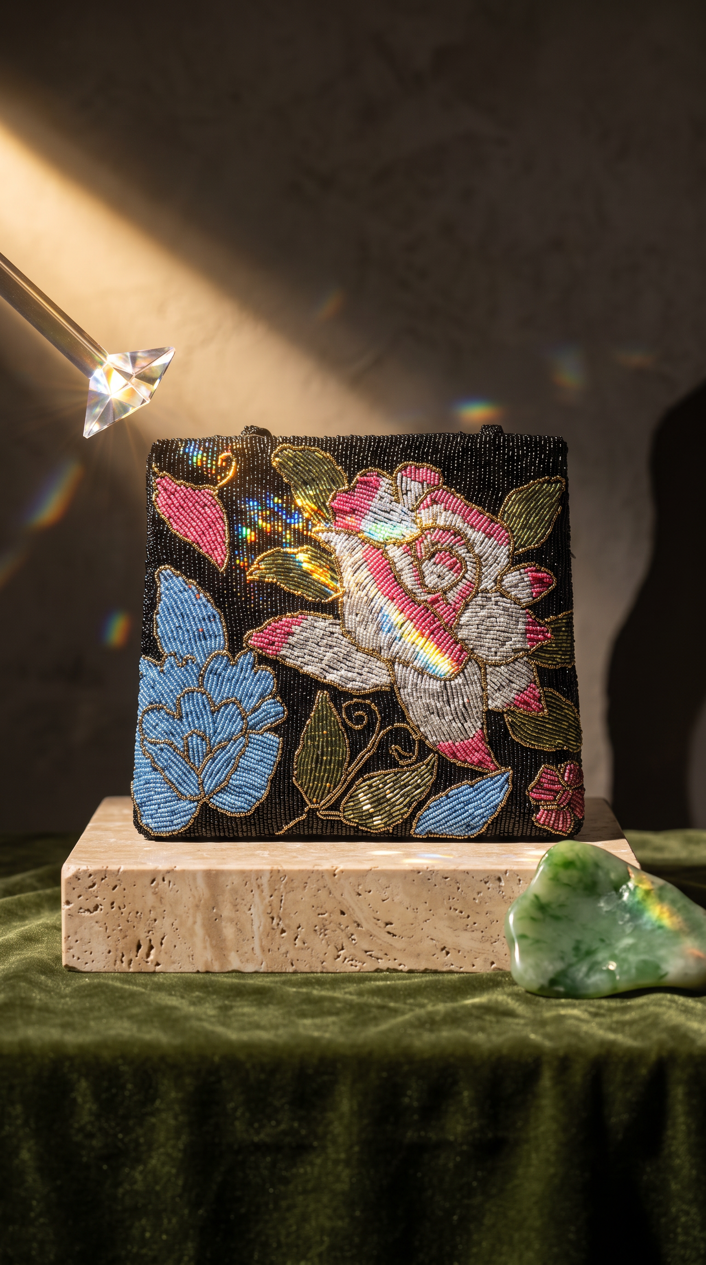 Black floral motive evening beaded handbag girls